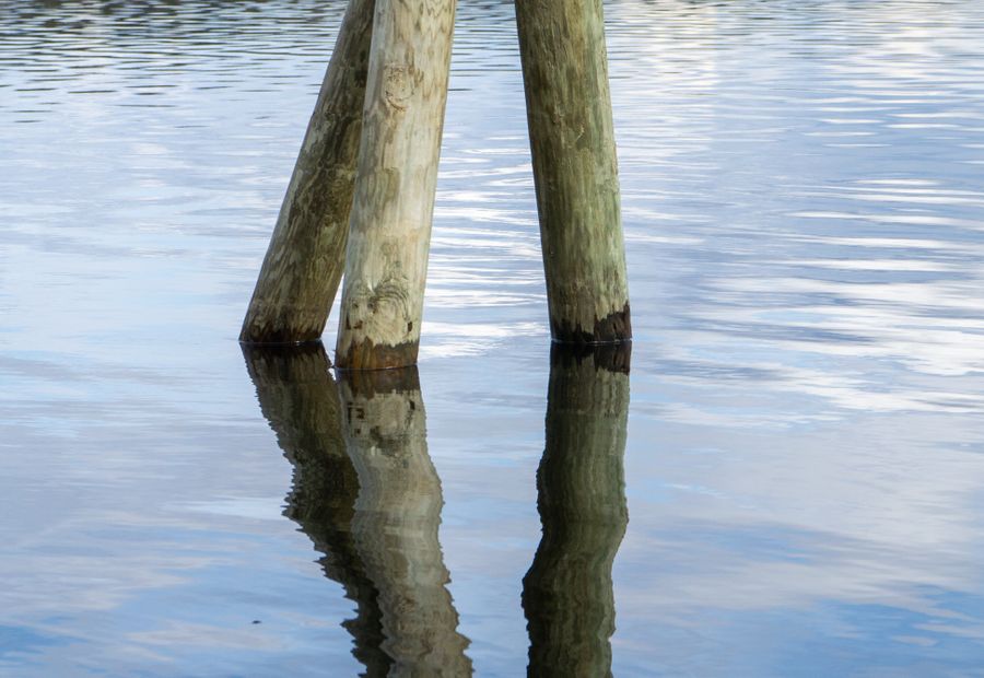 Timber tie-back and anchor piles behind a bay lagoon bulkhead